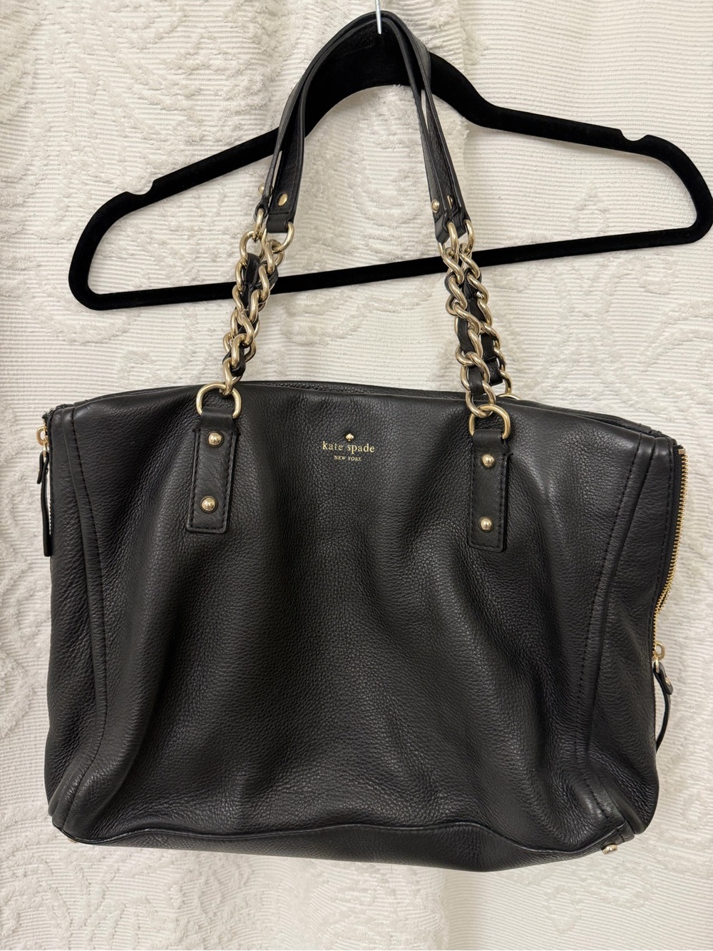 Kate Spade Black Leather Tote with Gold Chain Handles